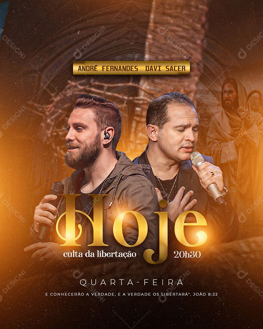 Flyer Gospel Culto da Libertação André Fernandes e Davi Sacer Social Media PSD Editável