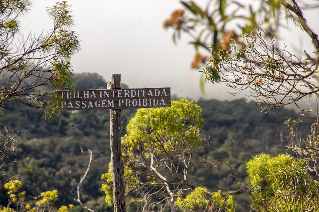 placas de informações brasileiras com as palavras trilha proibida, passagem proibida.