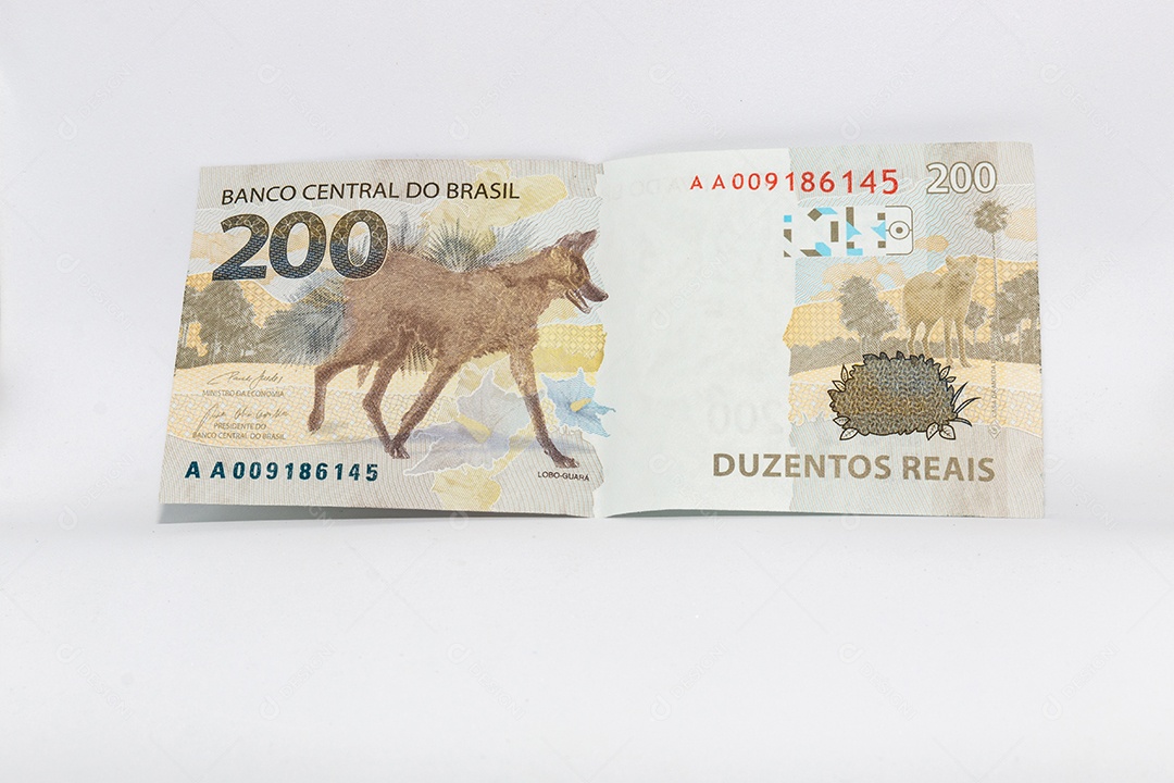 Nota de moeda brasileira duzentos reais com isole de fundo branco.