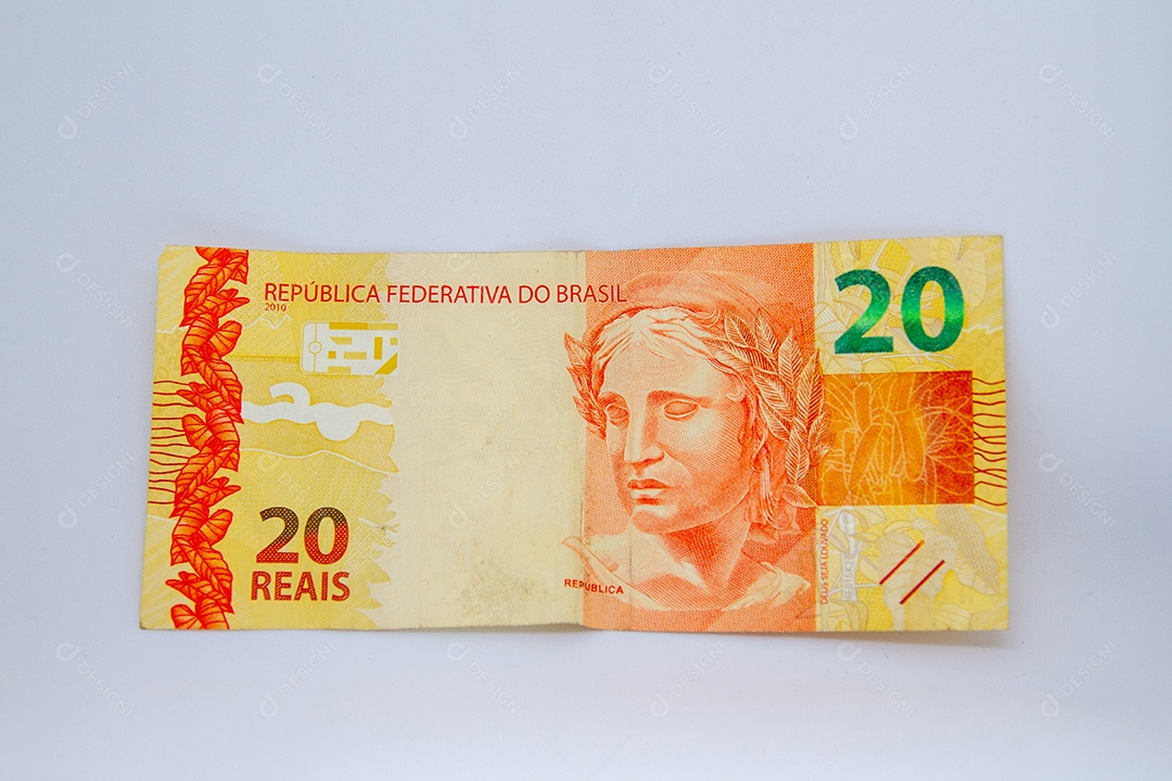 nota de vinte reais (moeda brasileira) em um fundo branco no Rio de Janeiro