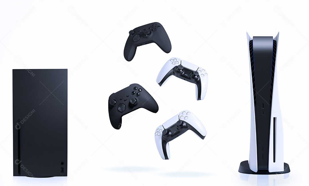 Consoles e controladores de jogos em fundo branco.