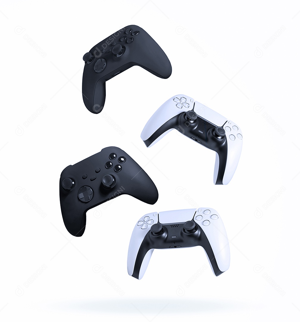 Consoles e controladores de jogos em fundo branco.