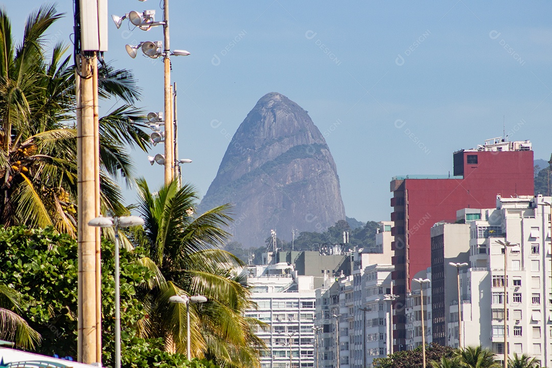 morro dos dois irmãos visto do calçadão da praia do leme no Rio de Janeiro Brasil.