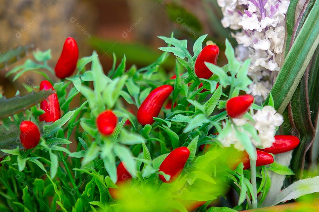 pimenta vermelha com folhas verdes de plástico usadas para decoração no Rio de Janeiro Brasil.