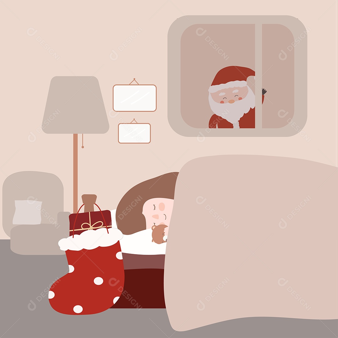 Ilustração Papai noel na janela e garotinha sonhando com presente Vetor EPS