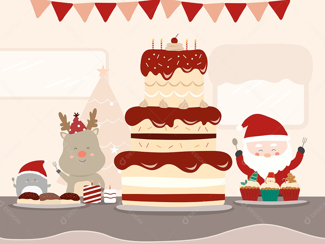 Ilustração Papai noel cervos e Bolo Vetor EPS