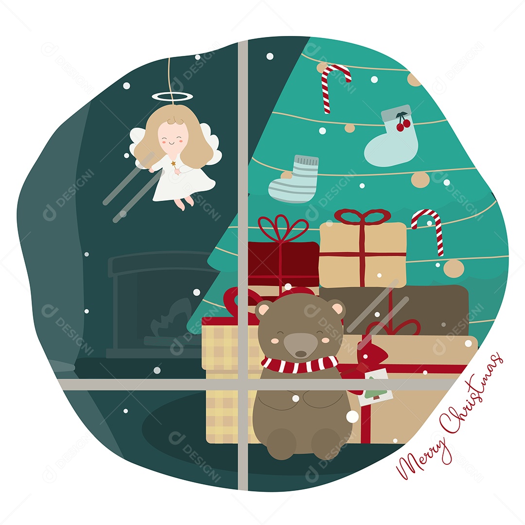 Ilustração Urso anjinha e presentes para o natal Vetor EPS