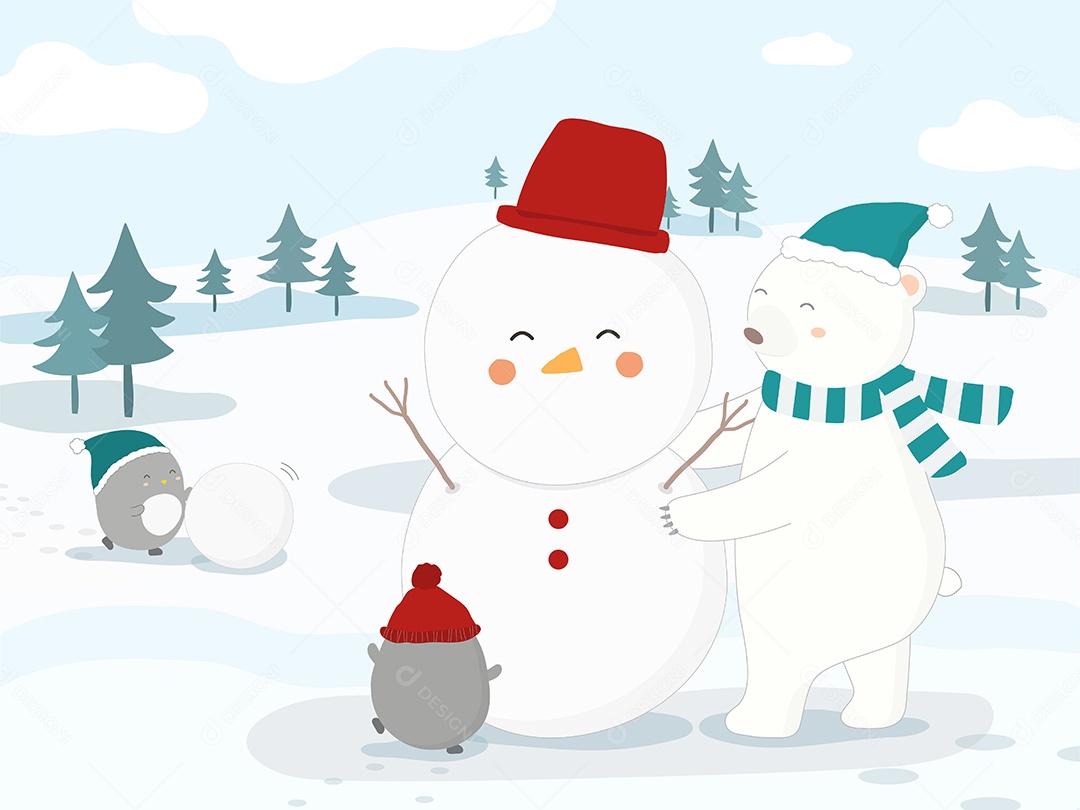 Ilustração Urso fazendo boneco de neve Vetor EPS