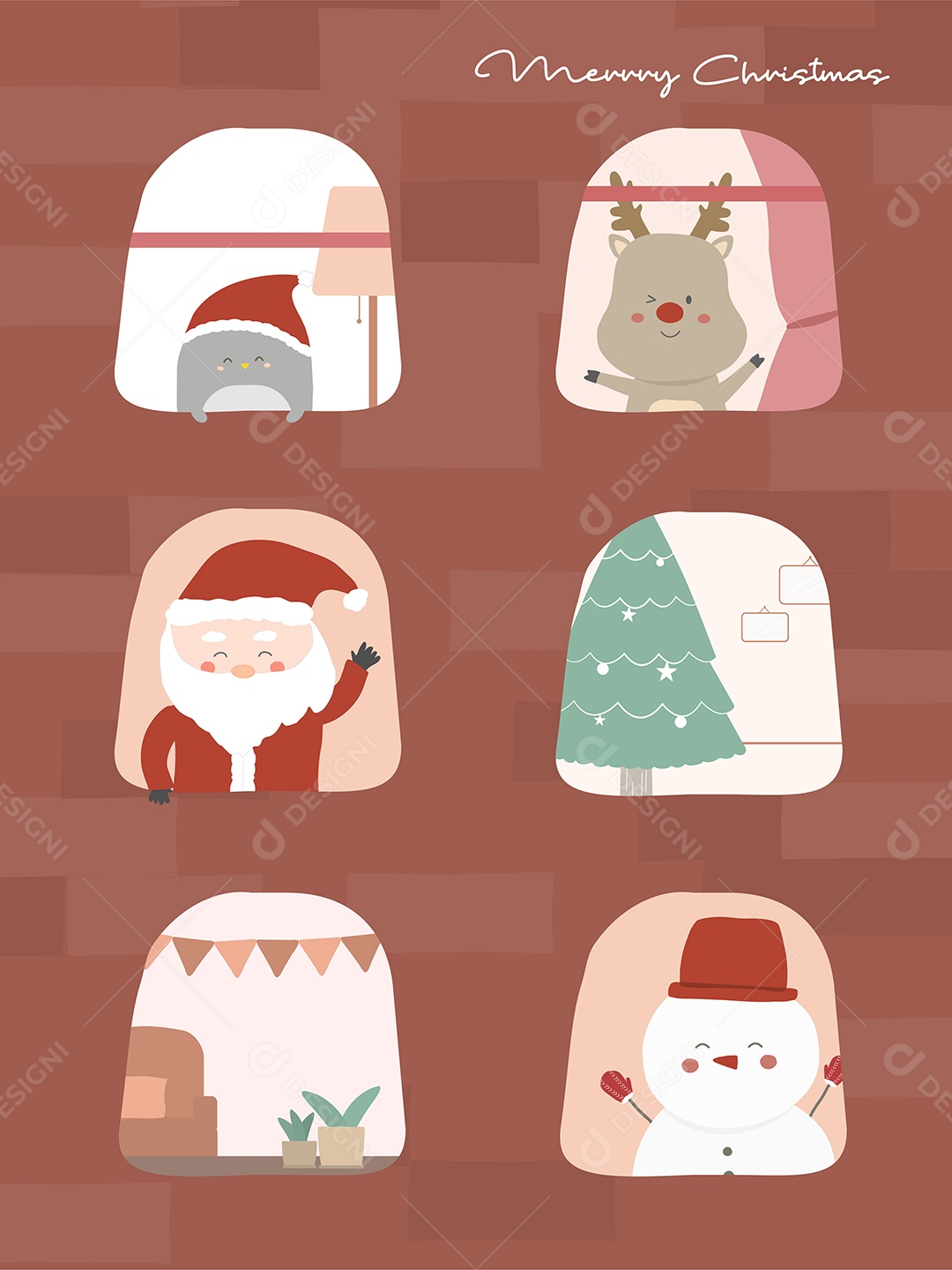 Ilustração Papai noel boneco de neve Árvore de natal e janelas Vetor EPS