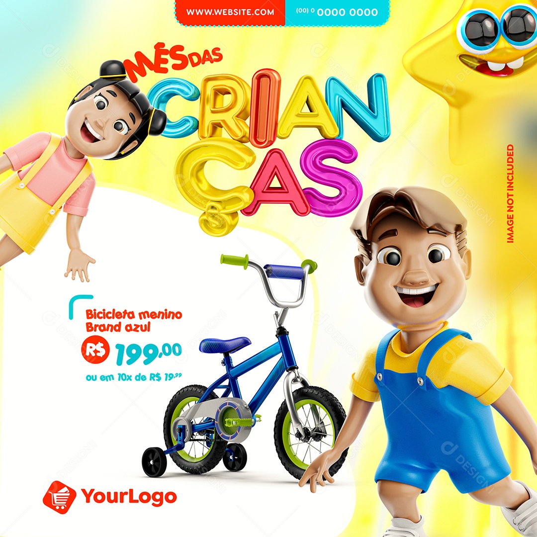 Mês das crianças Bicicleta menino brand azul Lojas Social Media PSD Editável