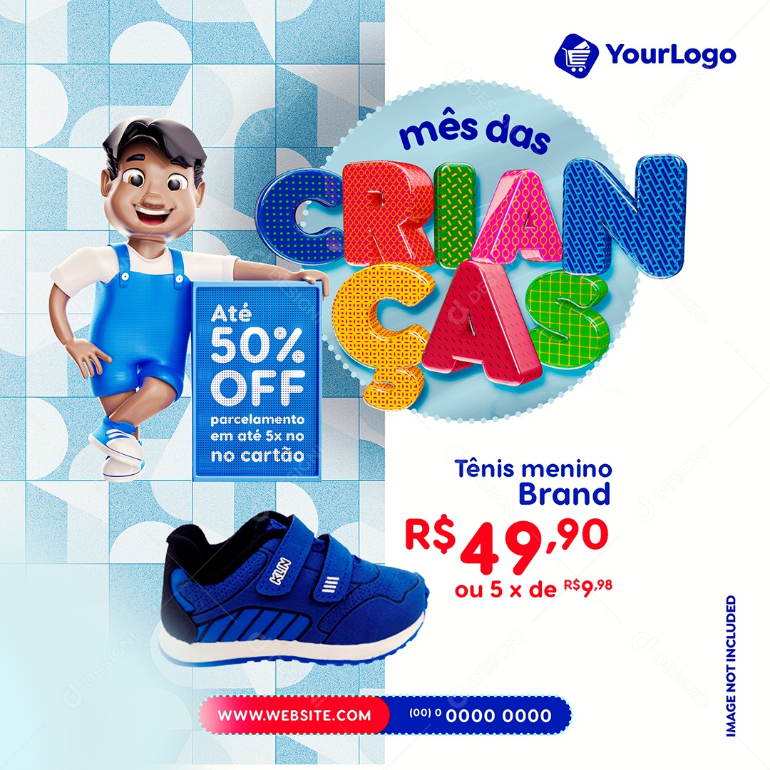 Mês das Crianças até 50% off Tênis menino brand Lojas Social Media PSD Editável