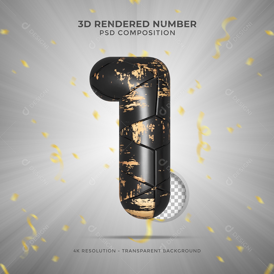 Número 3D 1 Preto sujo de tintas para Festa de Aniversário Elemento para composição PSD