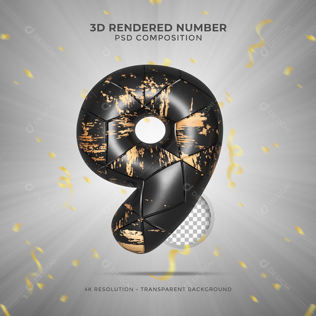 Número 3D 9 Preto sujo de tintas para Festa de Aniversário Elemento para composição PSD