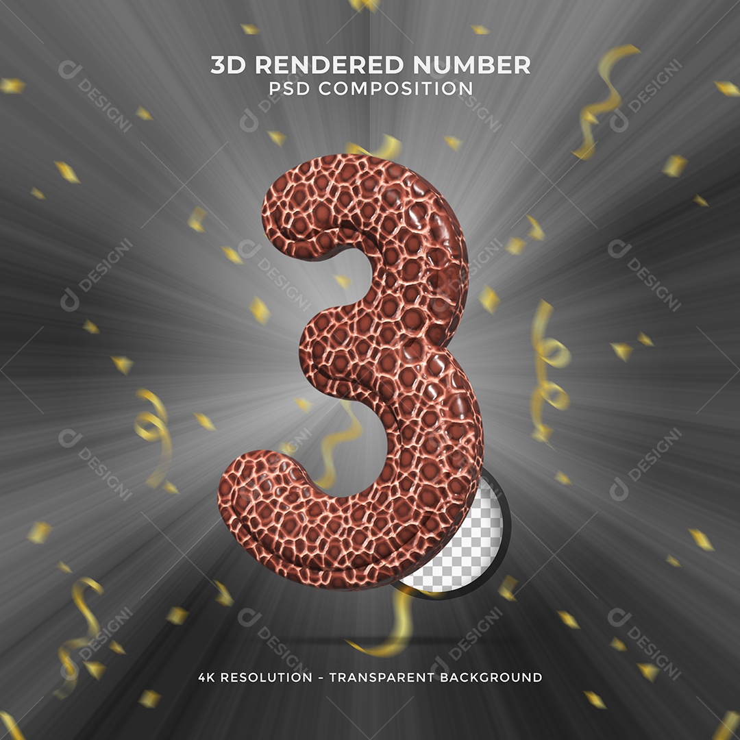Número 3D 3 Texturalizado para Festa de Aniversário Elemento para composição PSD
