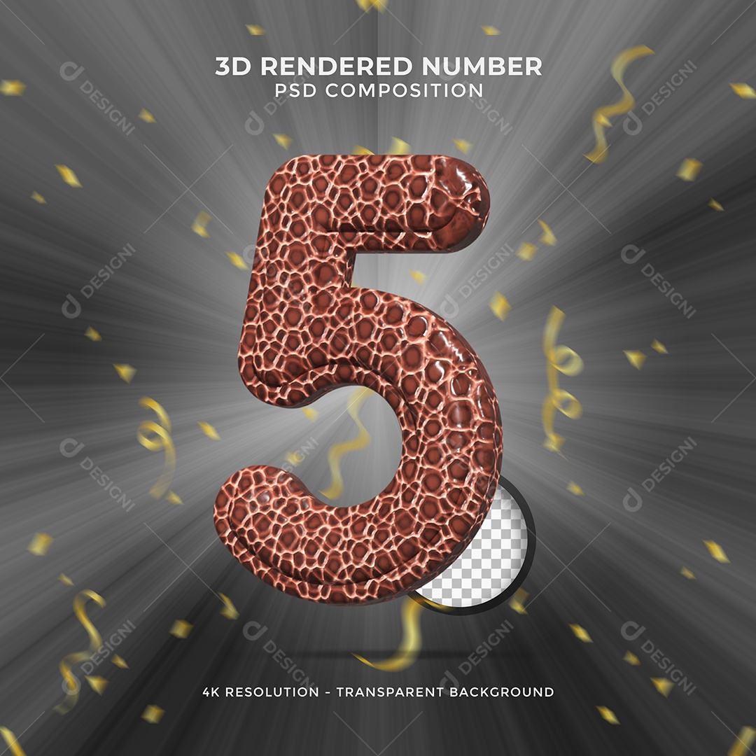 Número 3D 5 Texturalizado para Festa de Aniversário Elemento para composição PSD
