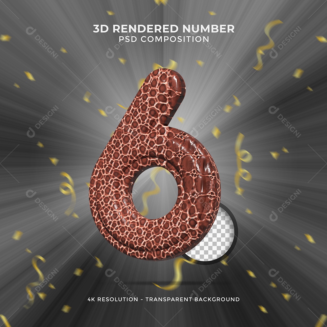 Número 3D 6 Texturalizado para Festa de Aniversário Elemento para composição PSD