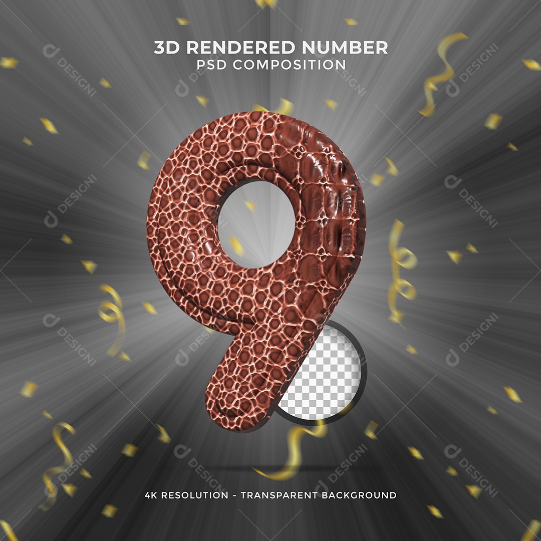 Número 3D 9 Texturalizado para Festa de Aniversário Elemento para composição PSD