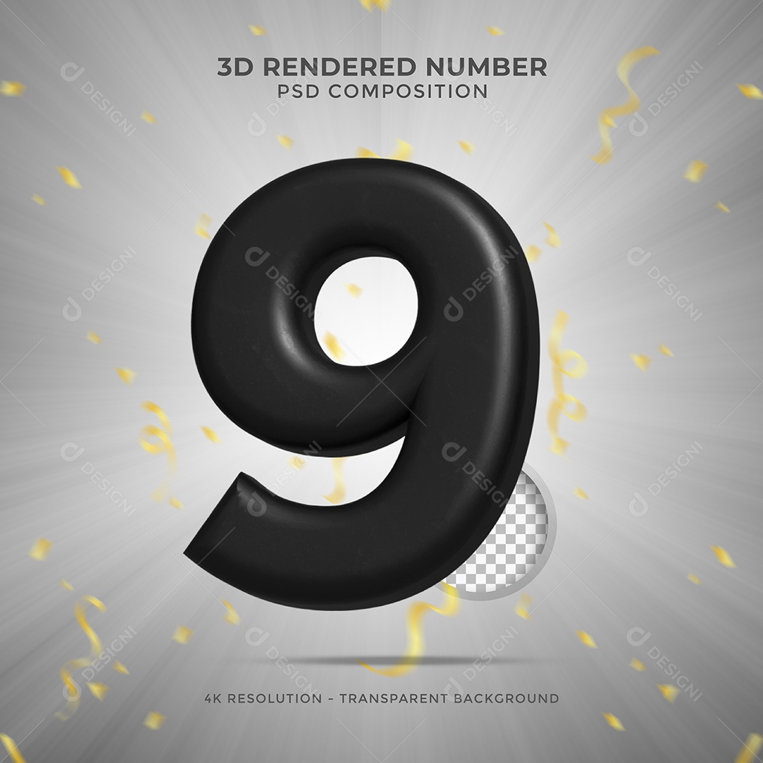 Número 3D 9 Preto para Festa de Aniversário Elemento para composição PSD