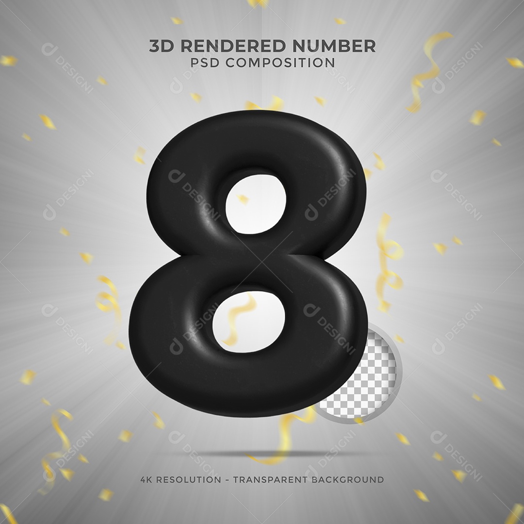 Número 3D 8 Preto para Festa de Aniversário Elemento para composição PSD