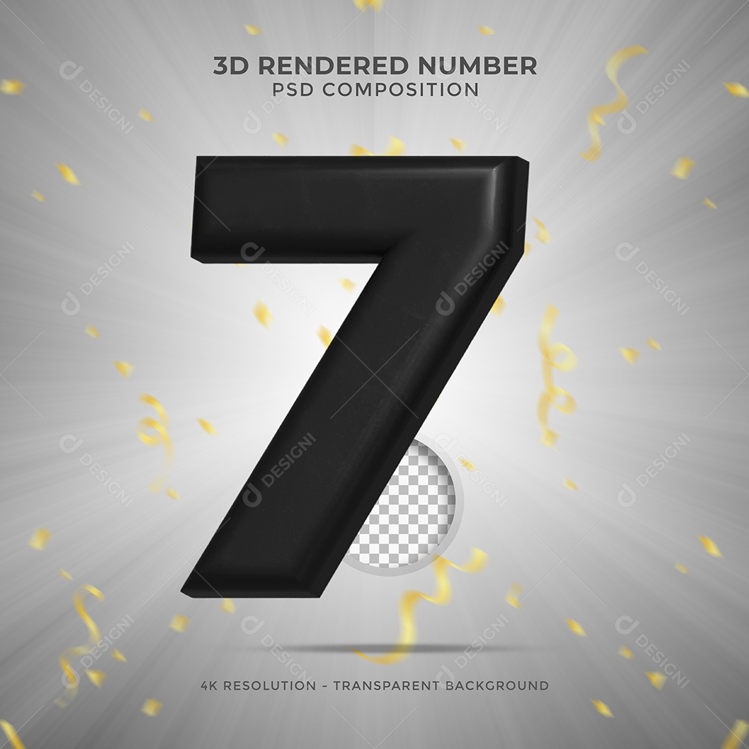 Número 3D 7 Preto para Festa de Aniversário Elemento para composição PSD