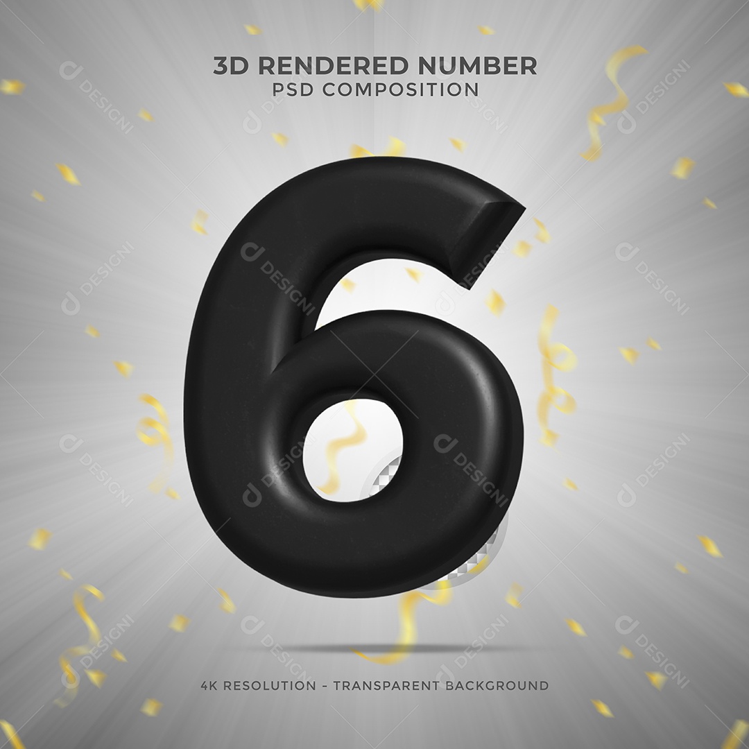 Número 3D 6 Preto para Festa de Aniversário Elemento para composição PSD
