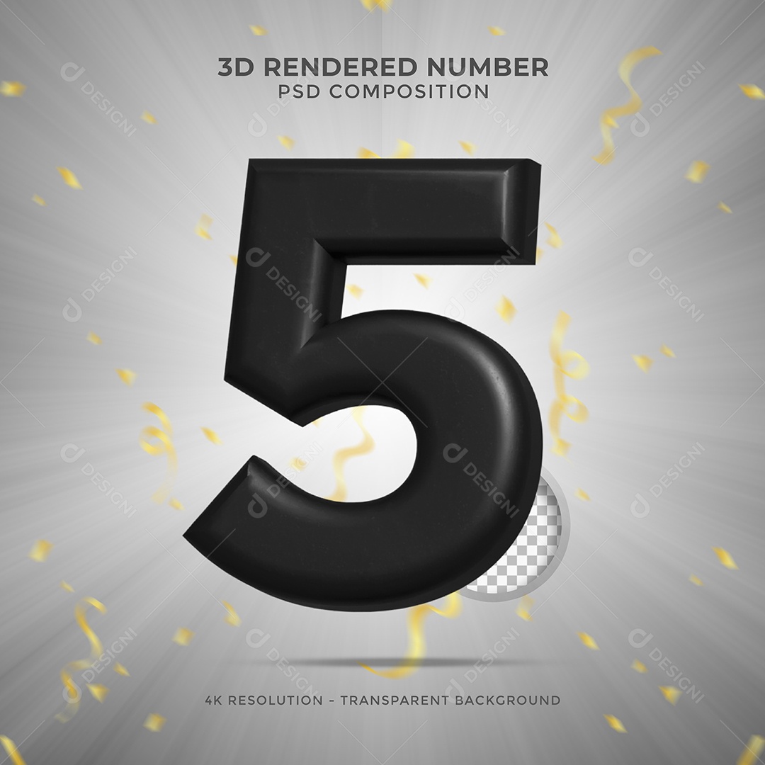 Número 3D 5 Preto para Festa de Aniversário Elemento para composição PSD