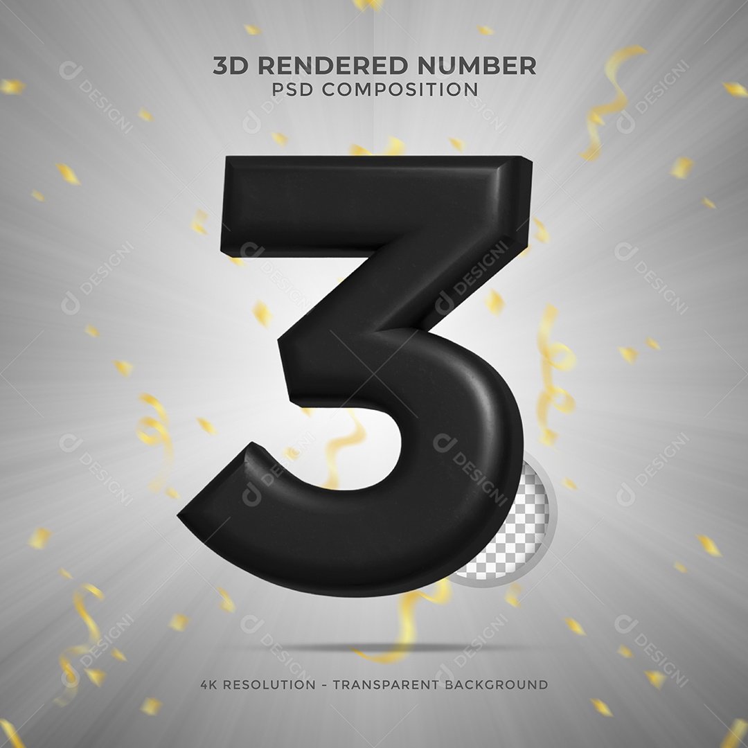 Número 3D 3 Preto para Festa de Aniversário Elemento para composição PSD