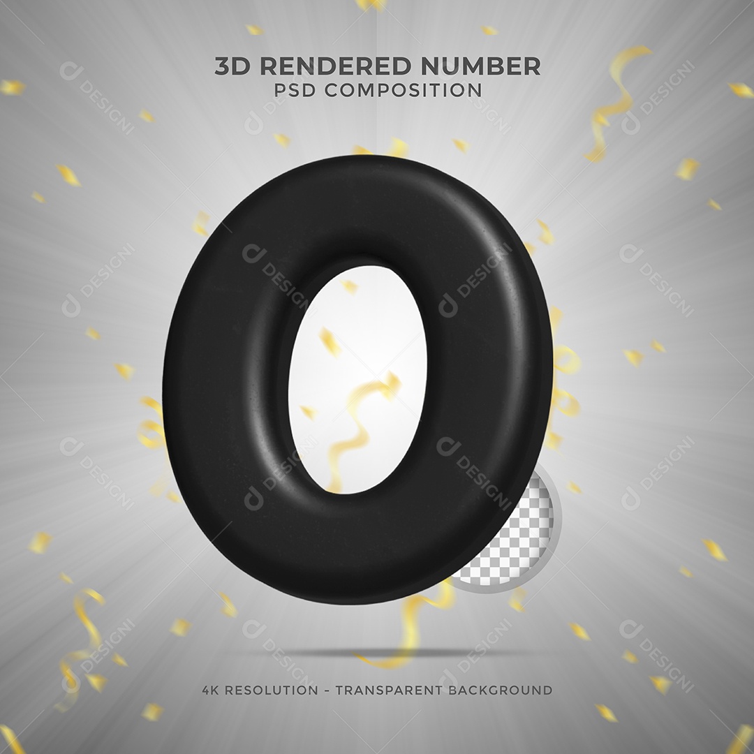 Número 3D 0 Preto para Festa de Aniversário Elemento para composição PSD
