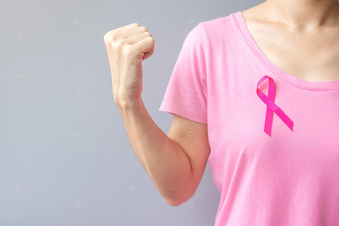 October Breast Cancer Awareness Month, Senior Woman in Pink T-.