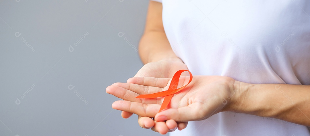 Fita Laranja para Leucemia, Dia do Câncer de Rim, Esclerose Múltipla Mundial, CRPS, Mês de Conscientização de Autolesão. Conceito de dia de câncer de saúde e palavra