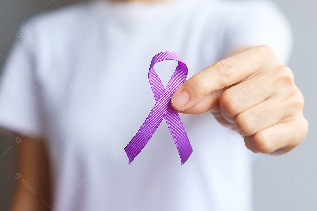 Purple ribbon for Pancreatic, Esophageal, Testicular Cancer, World Alzheimer's, Epilepsy, Lupus, Sarcoidosis, Fibromyalgia and Domestic Violence Awareness Month. World Cancer Day Concept