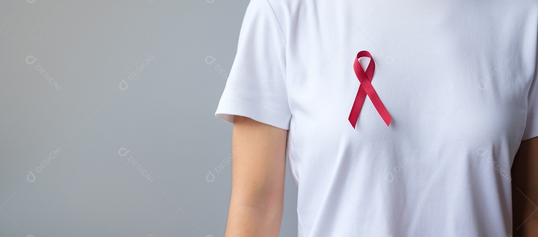 Borgonha Red Ribbon para março, mieloma múltiplo, câncer e dezembro, mês de conscientização do Dia Mundial da Aids. Conceito de saúde e dia mundial do câncer