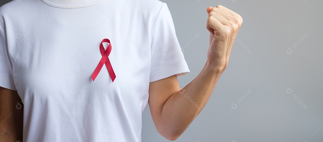 Borgonha Red Ribbon para março, mieloma múltiplo, câncer e dezembro, mês de conscientização do Dia Mundial da Aids. Conceito de saúde e dia mundial do câncer