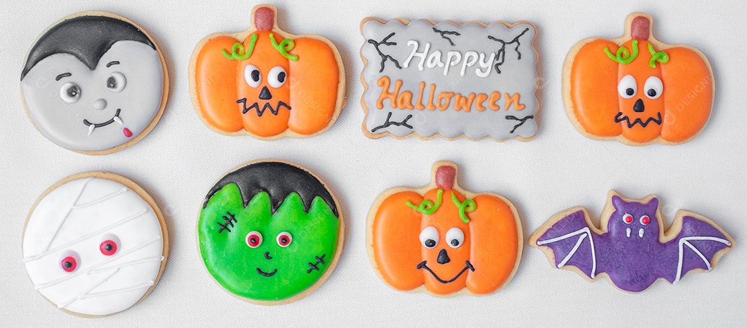 Biscoitos engraçados de Halloween em fundo branco. Truque ou Ameaça, Feliz Dia das Bruxas, Olá outubro, outono outono, festivo, festa e conceito de férias