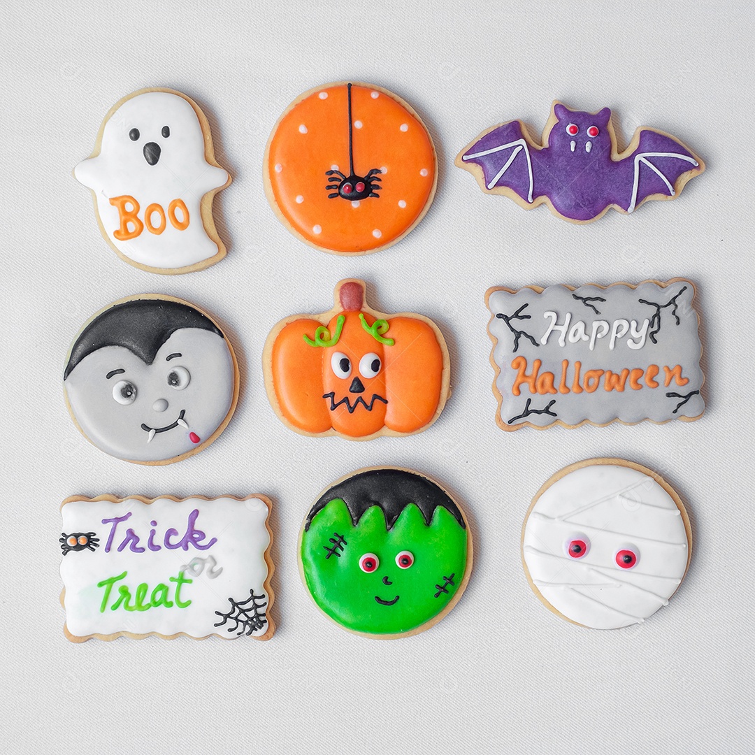 Biscoitos engraçados de Halloween em fundo branco. Truque ou Ameaça, Feliz Dia das Bruxas, Olá outubro, outono outono, festivo, festa e conceito de férias
