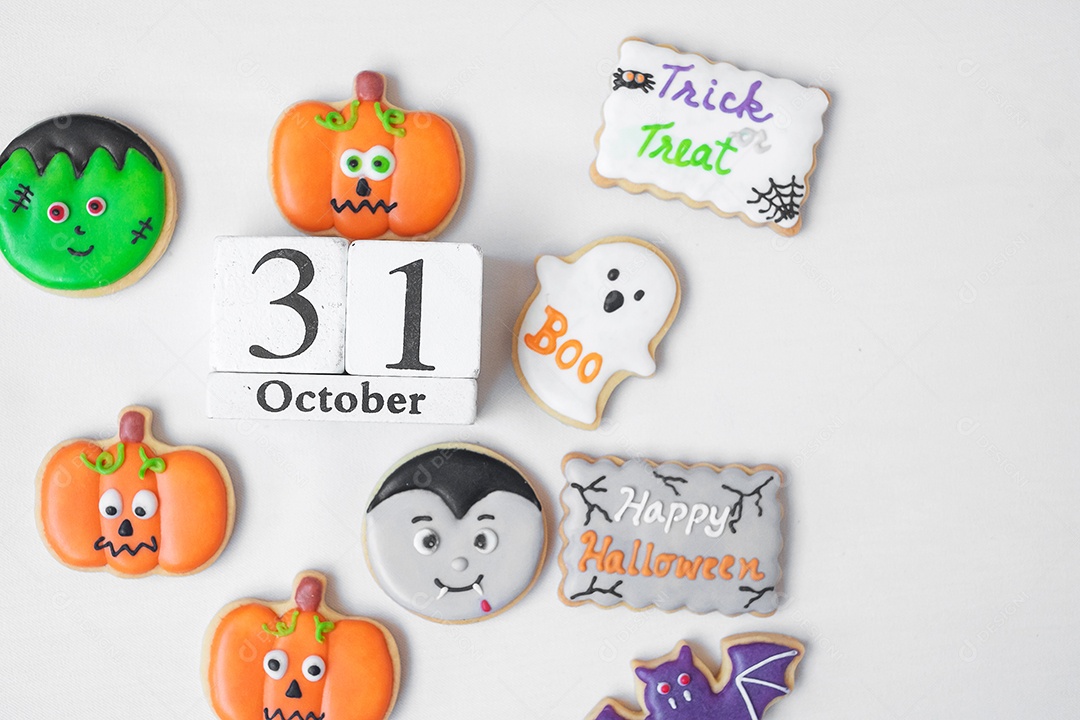 Halloween funny cookies with october 31 calendar on white background. Trick or Threat, Happy Halloween, Hello October, Fall Autumn, Festive, Party and Holiday Concept