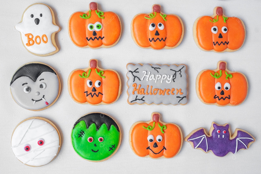 Biscoitos engraçados de Halloween em fundo branco. Truque ou Ameaça, Feliz Dia das Bruxas, Olá outubro, outono outono, festivo, festa e conceito de férias