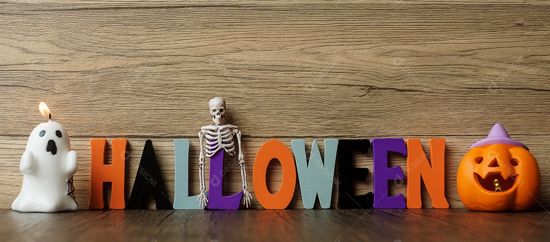 Feliz dia de Halloween com fantasma, abóbora, tigela e decorativo. Truque ou Ameaça, Olá outubro, outono outono, festivo, festa e conceito de férias