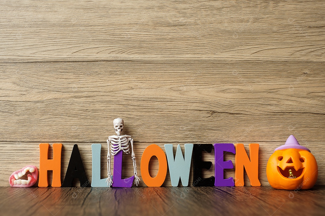 Feliz dia de Halloween com fantasma, abóbora, tigela e decorativo. Truque ou Ameaça, Olá outubro, outono outono, festivo, festa e conceito de férias