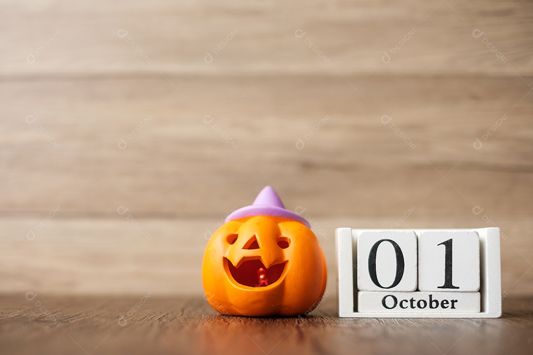 Feliz dia de Halloween com abóbora de lanterna de Jack O e calendário de 1 de outubro. Truque ou Ameaça, Olá outubro, outono outono, festivo, festa e conceito de férias