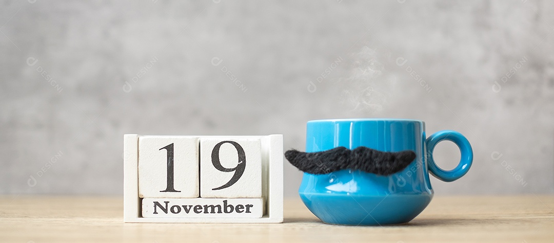 Dia internacional dos homens com calendário de 19 de novembro, xícara de café azul.