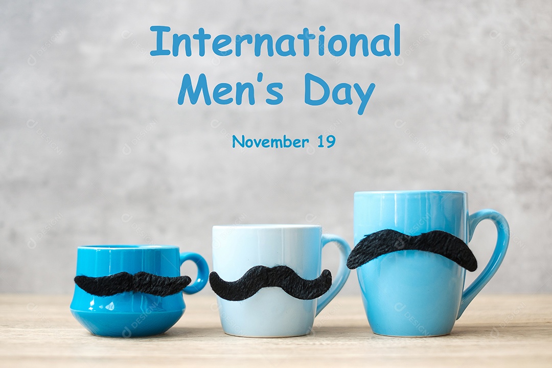 Dia internacional dos homens com xícara de café azul ou caneca de chá e preto