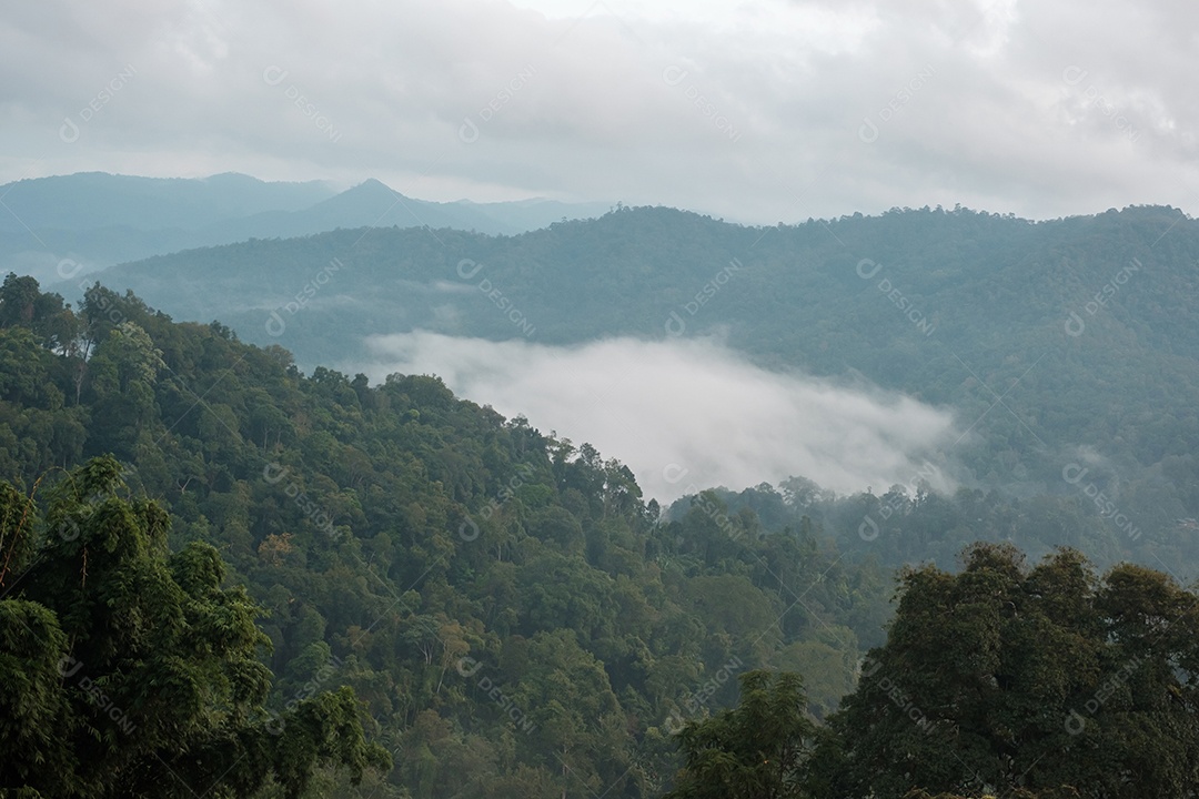 Cenário de vista para as montanhas e nevoeiro ao nascer do sol da manhã.