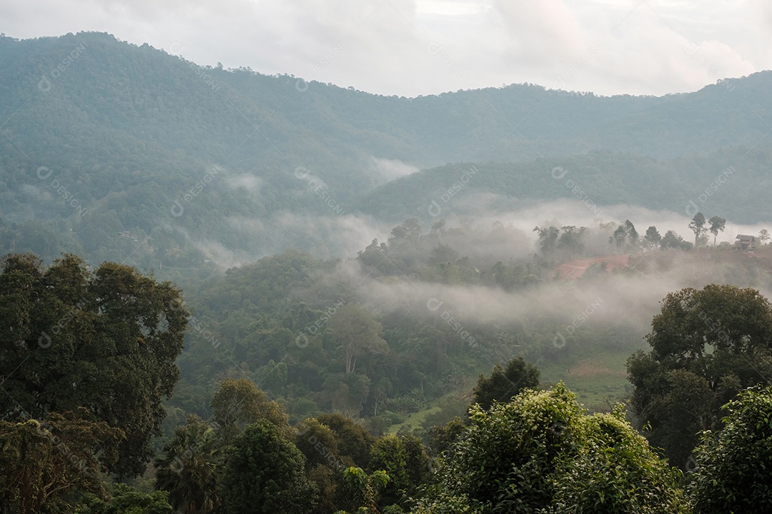 Cenário de vista para as montanhas e nevoeiro ao nascer do sol da manhã.