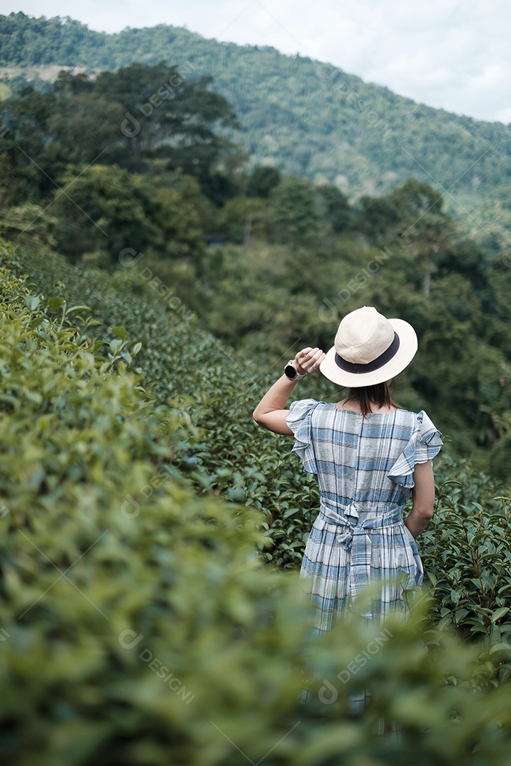 Feliz turista de vestido azul e chapéu aprecia o belo chá