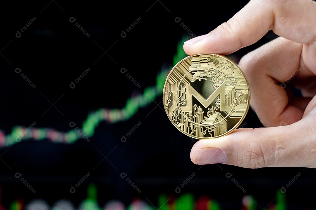 Moeda de criptomoeda Golden Monero (XMR) com gráfico de vela background