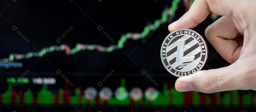 Moeda de criptomoeda Silver Litecoin (LTC) com gráfico de vela de volta