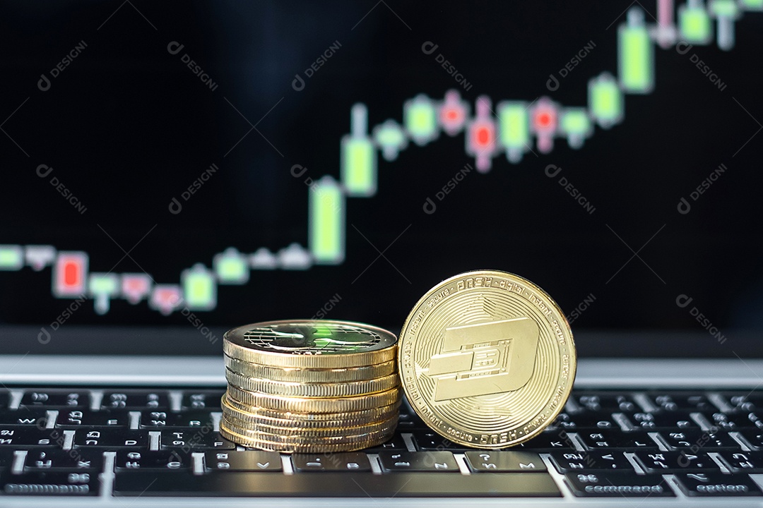 Moeda de criptomoeda Golden Dash com fundo de gráfico de vela
