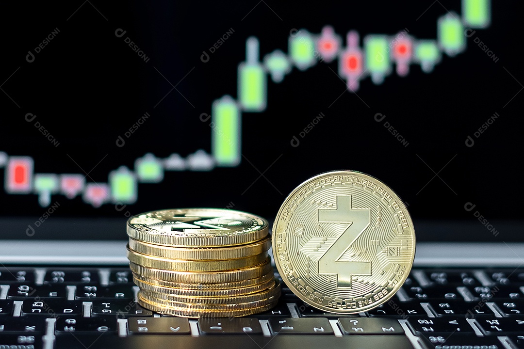 Moeda de criptomoeda Golden Dash com fundo de gráfico de vela