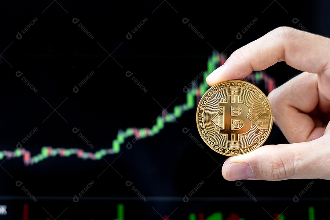 moeda de criptomoeda Bitcoin dourada com fundo de gráfico de vela